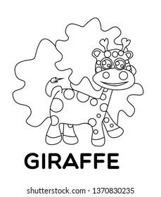 giraffe, vector black and white animal cartoon, coloring book or page