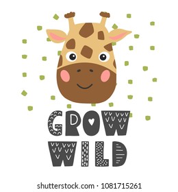 Giraffe vector cartoon illustration. Cute animal poster design for greeting card, t-shirt, invitation, baby shower, birthday, room decor, print on the wall, pillow, decoration kids interior, baby wear