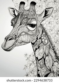 Giraffe vector coloring book black and white for adults isolated line art on white background.