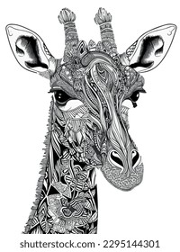 Giraffe vector coloring book black and white for kids and adults isolated line art on white background.