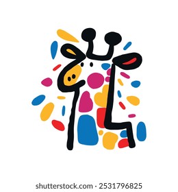 Giraffe vector doodle illustration in children's style. Colorful abstract artwork. Hand drawn cute animal isolated on white background.