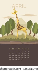 Giraffe. Vector geometric flat style wild endangered animals calendar 2020. Editable template can be and used as a desk, table or wall calender