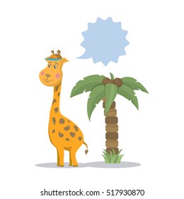 Giraffe vector illustration with palm tree and speech bubble isolated on a white background.Kids cartoon giraffe cute african animal.