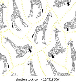 Giraffe vector pattern isolated on background. Black, white and yellow colors. Pattern for fabric, textile, wallpeaper