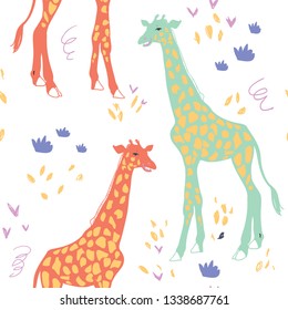 Giraffe vector pattern isolated on background. Childish art style. Vector pattern for fabric, textile, wallpeaper, wrapping paper, nursery art. 