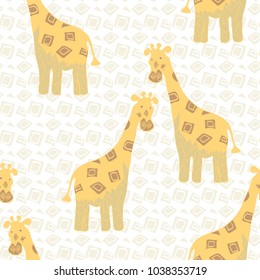 Giraffe vector seamless background with a yellow geometric patterns textures.