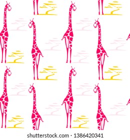 Giraffe vector seamless pattern with trees. Safari wild animal background for textile, wrapping. 