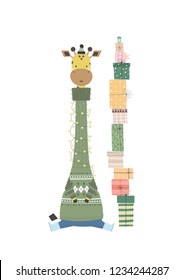 Giraffe in a warm sweater near the gifts. Vector illustration in a Scandinavian style.