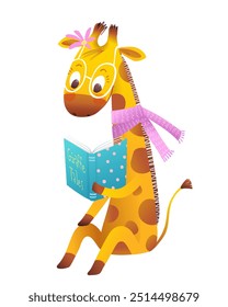 Giraffe wearing glasses reading a book, cute kids library and school illustration. Children study and education graphics. Giraffe animal reading book. Vector cartoon clip art for kids education.