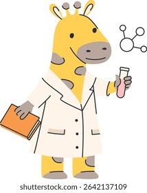 A giraffe wearing a lab coat holds a book and test tube in a cartoon style. The animal stands with a chemical structure in the background. Cartoon vector illustration.