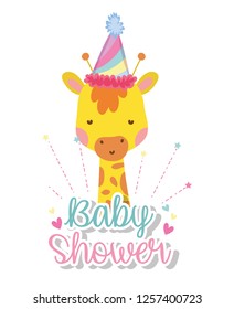 giraffe wearing party hat to baby shower and hearts