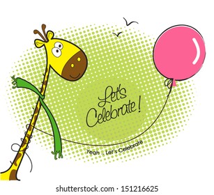 Giraffe wearing a scarf and holding a balloon