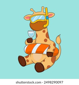 giraffe is wearing a snorkel and holding a glass of water and a cup