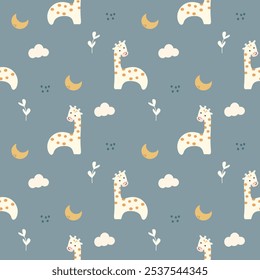 Giraffe white cartoon so cute. On moon cloud flower background. Pattern seamless vector illustration. 
