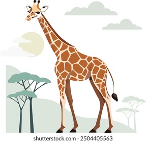 Giraffe wildes afrikanisches Tier. Afrikanischer Safari-Zoo und Savanne. Vektorgrafik im flachen Stil