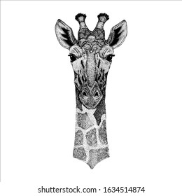 Giraffe. Wild animal for tattoo, nursery poster, children tee, clothing, posters, emblem, badge, logo, patch.