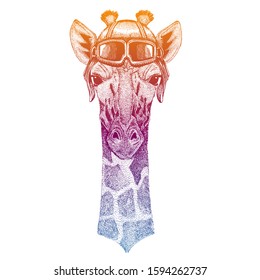 Giraffe. Wild animal. Vector fashion illustration for kids. Children shirt print with biker, motorcycle symbol.