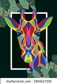 giraffe wild life technicolor with leafs frame vector illustration design