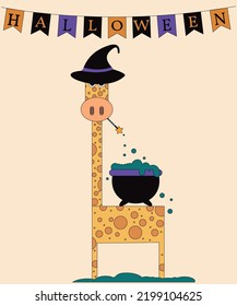 Giraffe in a witch hat and magic wand, cauldron at Halloween party.Ideal for posters, postcards, invitations, and banners.
