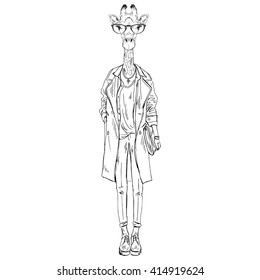 giraffe woman dressed up in casual style, furry art illustration, fashion animals, hipster animals, dressed up animals