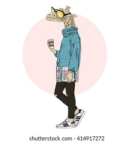 giraffe woman dressed up in knitted pullover and skinny jeans, furry art illustration, fashion animals, hipster animals, dressed up animals