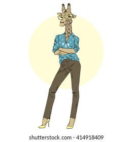 giraffe woman dressed up in office style, furry art illustration, fashion animals, hipster animals