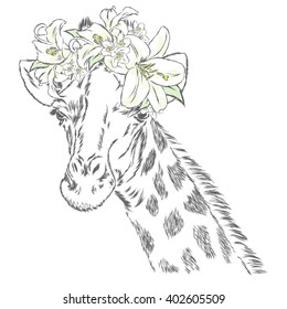 Giraffe in a wreath of flowers. Vector illustration.