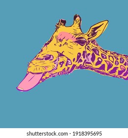 giraffe yellow purple pink sticking out tongue vector