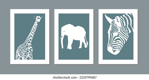 Giraffe, zebra, elephant wall art vector set. Pastel tones animal arts backgrounds. Abstract arts design for print cover wallpaper. Minimal and natural wall art vector illustration. White frame canvas