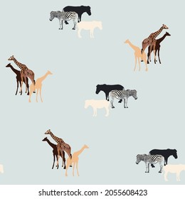 Giraffe and zebra on the light vintage background. Seamless pattern with safari animals silhouette.	