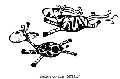 Giraffe and zebra run