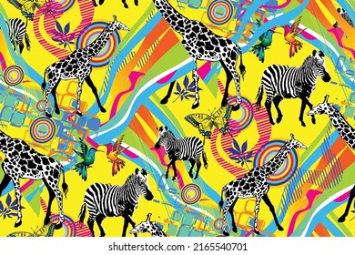 Giraffe and zebra. Seamless abstract pattern. Fashion textiles, fabric, packaging. 