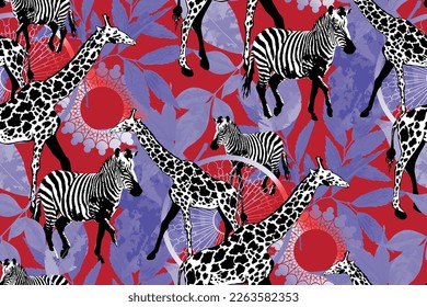 Giraffe and zebra. Seamless abstract pattern. Fashion textiles, fabric, packaging. 