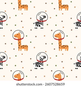 Giraffe zebra spaceman cartoon so cute. On polka dot background. Pattern seamless vector illustration. 