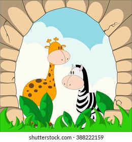 A giraffe and a zebra staying in a grass under a stone arch with light blue sky background. Cartoon illustration.