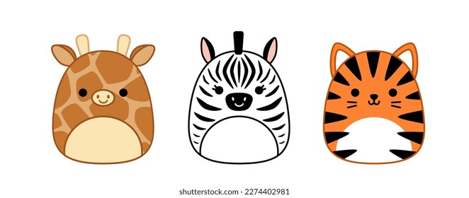 Giraffe, cebra, tigre. Squishmallow. Delicioso juguete de peluche suave. Almohada. Kawaii, caricatura. Ilustración vectorial aislada eps 10