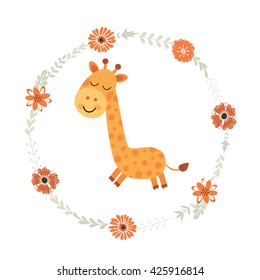 Giraffe. Zoo. Floral wreath with tender decorative flowers and leaves.Vector illustration.