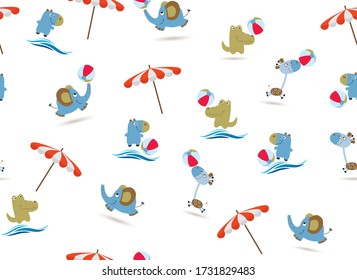 Giraffe,elephant, crocodile, hippo pattern in beach balls and beach umbrella