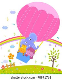  giraffe,hippo and elephant in colorful hot air balloon