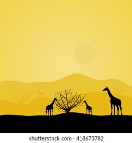 giraffes in Africa with a lone tree,vector illustration