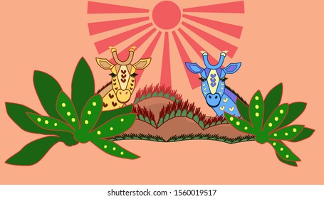 Giraffes in Africa with mountains and plants, vector illustration