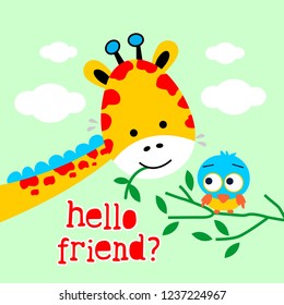 giraffes and birds playing, cartoon vector illustration