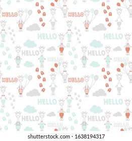 Giraffes boys in different colored costumes with balloons, gray clouds and the words hello . Seamless vector print, pastel colors. Suitable for baby bedding, fabric, postcards, background, wrapping pa