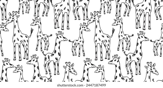 Giraffes, cartoon characters, contour drawings, spotted, long nack, cute, baby animal, family, seamless pattern,childish, hand drawn,background,vector,paper,wallpaper,textile