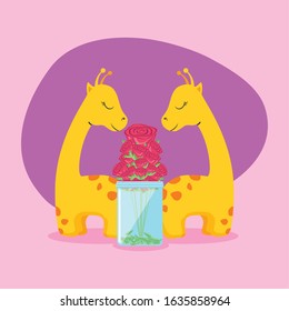 Giraffes cartoons and roses inside vase design of love passion romantic valentines day wedding decoration and marriage theme Vector illustration