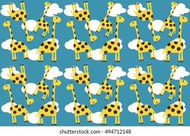 Giraffes in the clouds. Childish cute print for textiles, paper, surfaces. Seamless vector pattern. 