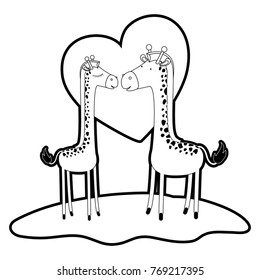 giraffes couple over grass with black sections silhouette and thick contour and heart in background