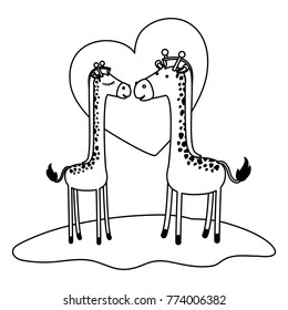 giraffes couple over grass in black sections silhouette with heart in background