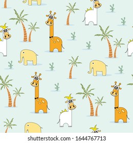 Giraffes, dinosaurs and elephants. Children's seamless pattern for wallpaper, packaging, gifts. Vector image.