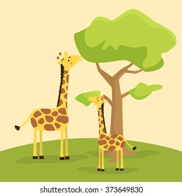 Giraffes Eating Together. Vector illustration of giraffe mother teaching baby giraffe to eating leaf on tree.